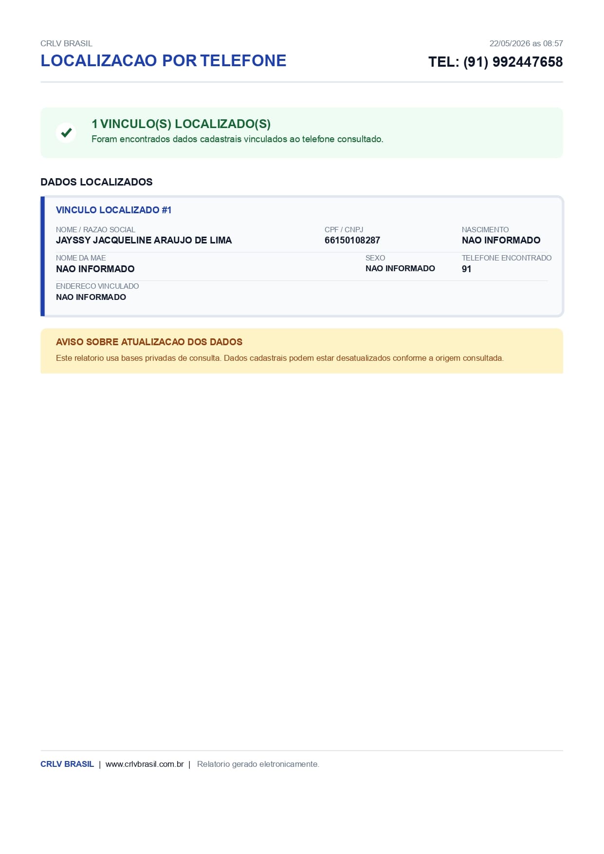 Exemplo da Consulta por Telefone
